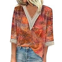 Workout Tops for Women, Women's Blouse Casual Loose 3/4 Sleeve Lace Trims Print V Neck Print Tops T-Shirts