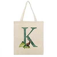 Forest Deer Green Monogram Initial Alphabet Letter K Canvas Tote Bag with Handle Cute Book Bag Shopping Shoulder Bag for Women Girls