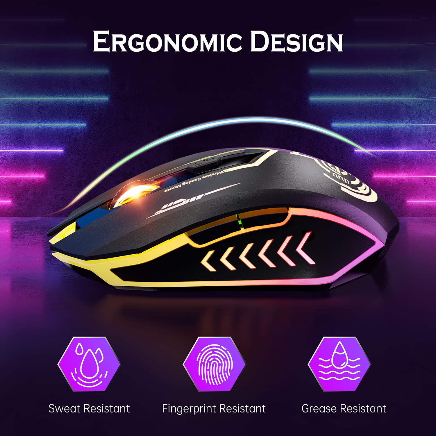 UHURU Wireless Gaming Mouse Up to 10000 DPI, Rechargeable USB Wireless Mouse with 6 Buttons 7 Changeable LED Color Ergonomic Programmable MMO RPG for PC Laptop, Compatible with Windows Mac
