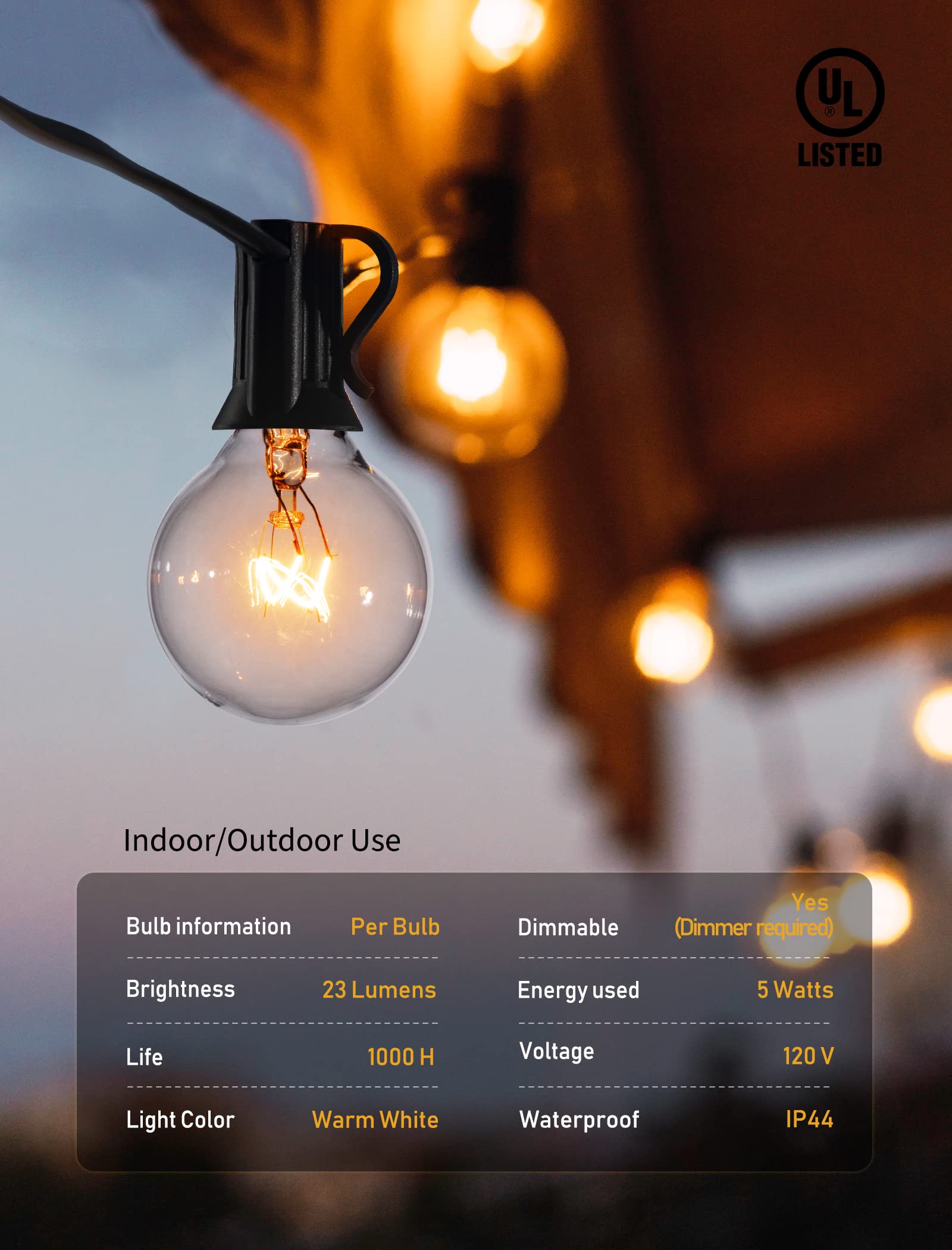 Brightown Outdoor String Light 100Feet G40 Globe Patio Lights with 104 Edison Glass Bulbs(4 Spare), UL Listed Hanging Lights for Backyard Balcony Deck Party Decor, E12, Black, Not Connectable
