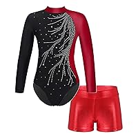 FEESHOW Girls Kids Sequin Metallic Gymnastics Leotard Unitard Ballerina 2pcs Athletic Tank Bodysuit with Shorts Outfits