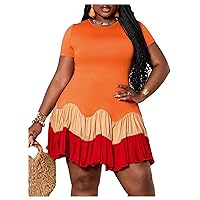 MakeMeChic Women's Plus Size Colorblock Short Sleeve Ruffle Mini Dress Crew Neck Ruched Short Dress