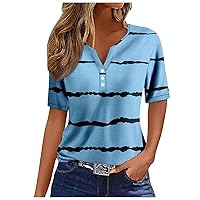 Women Tops Henley Neck Button Down T Shirts Short Sleeve Casual Dressy Blouses 2024 Plus Size Independence Day Tunics