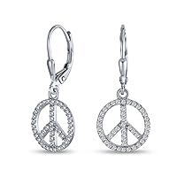 Message World Peace Sign Symbol Cubic Zirconia Pave CZ Lever back Drop Dangle Earrings For Women For Teen Rose Gold Plated .925 Sterling Silver