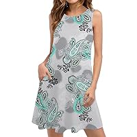 Women's Summer Tank Dresses Vintage Floral Print Beach Sundress Casual Sleeveless Crewneck Mini Dress with Pockets