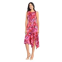 London Times Women's Abstract Leaf Print Asymmetrical Hem Sleeveless Fit and Flare Dress