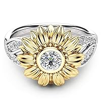 Orcbee_Exquisite Women's Two Tone Silver Floral Ring Round Diamond Gold Sunflower Jewelry (10)