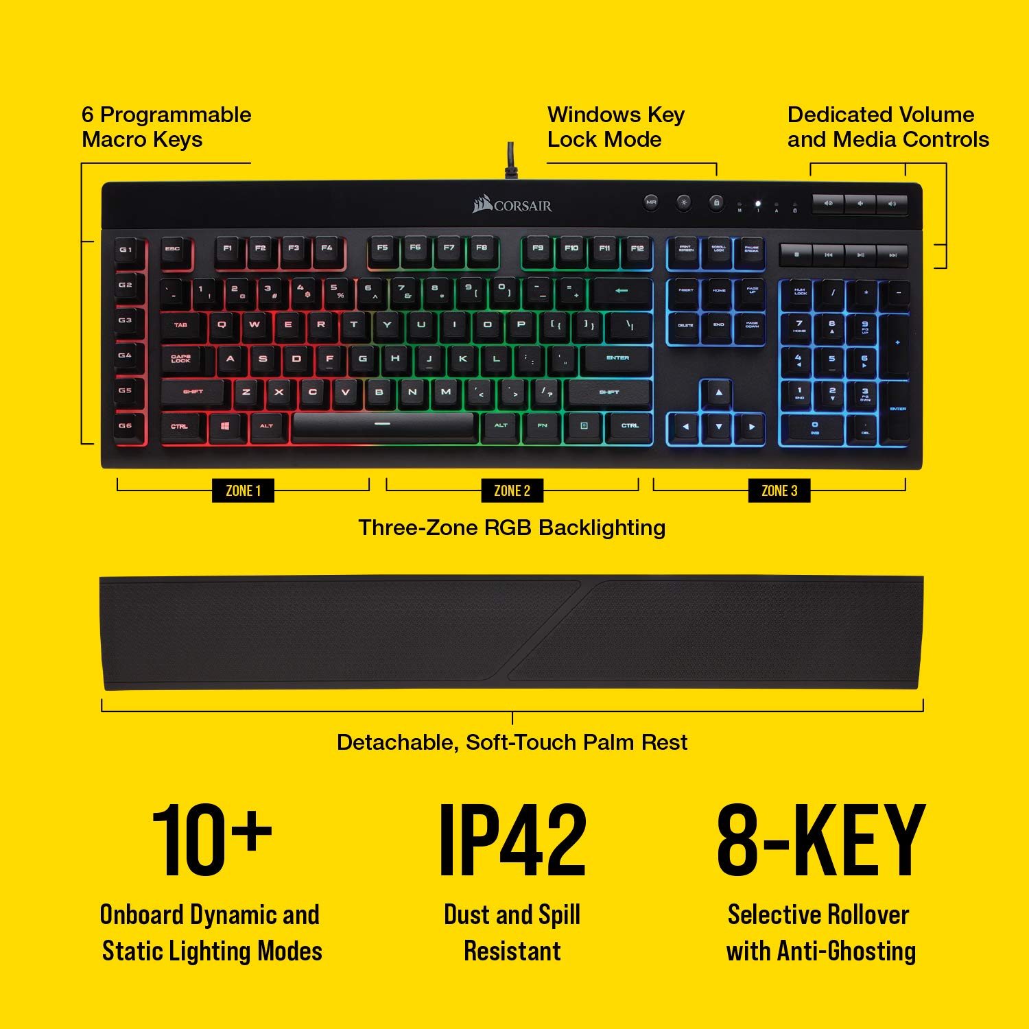Corsair K55 RGB Gaming Keyboard – IP42 Dust and Water Resistance – 6 Programmable Macro Keys – Dedicated Media Keys - Detachable Palm Rest Included (CH-9206015-NA) , Black