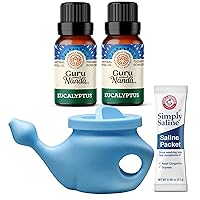 GuruNanda Neti Pot with Saline Packet (240 ml) & Eucalyptus Essential Oil (Pack of 2X 15 ml) Set - Helps Relieve Nasal Congestion & Irritation - an Essential Oil Perfect for Aromatherapy, Hair & Skin