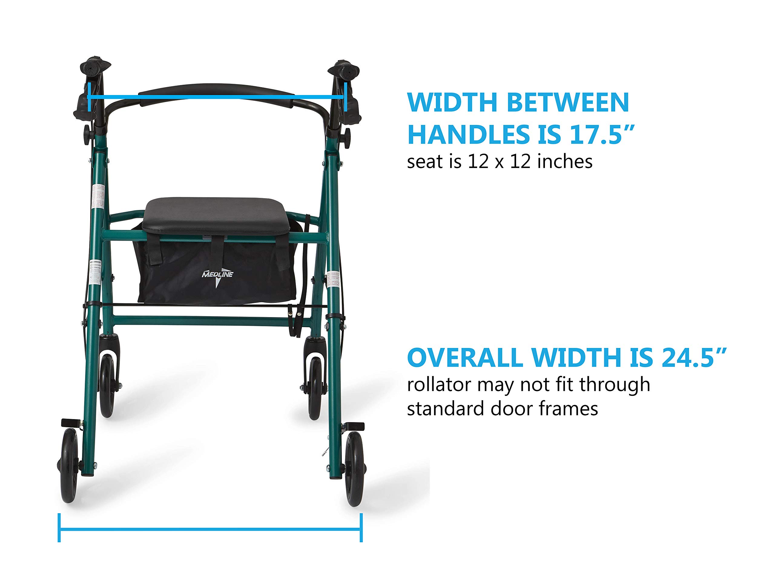 Medline Steel Foldable Adult Transport Rollator Mobility Walker with 6” Wheels, Green