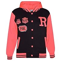 Kids Girls R Fashion Baseball Black & Neon Pink Hooded Top Jacket Varsity Hoodie