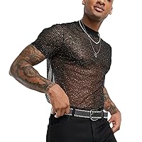 T-Shirts for Man,Sexy Nightclub Style T-Shirt Mesh Thin Breathable Fashion Nightclub Party Bottoming Shirt Top Blouse Tee