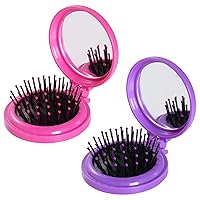 2pcs Folding Travel Mirror Hair Brushes Round Mirror Pocket Hair Brush Portable Mini Pop Up Hair Brushes for Women Girls Wet and Dry Hair