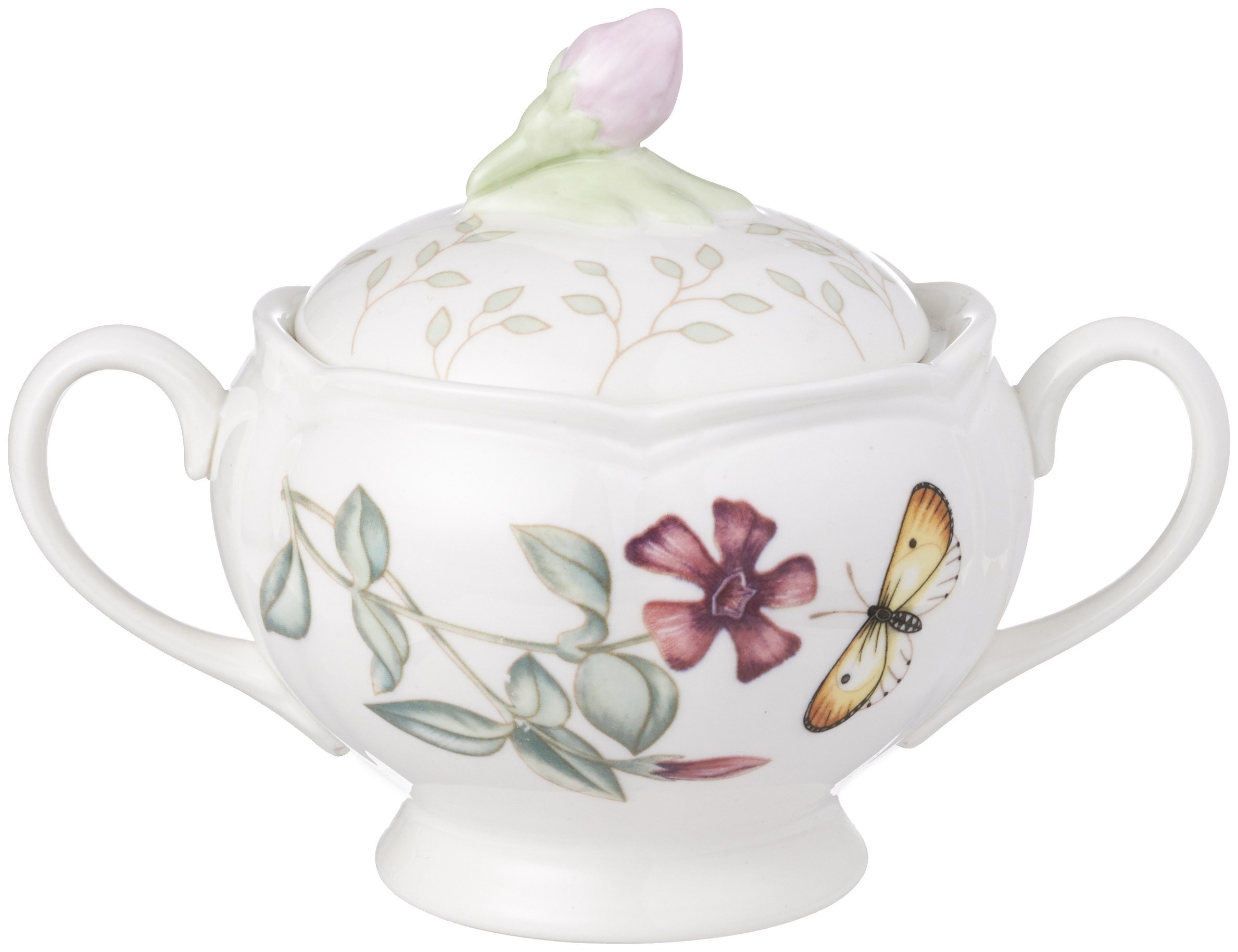 Lenox Butterfly Meadow Double Handled Sugar Bowl with Lid, White -