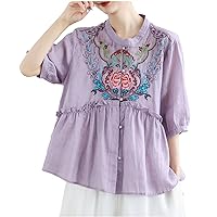 Floral Embroidered Babydoll Blouses Women Cotton Linen Half Sleeve Button Down Shirts Frill High Waist Cute Tee Tops