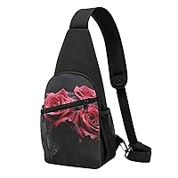 Sling Bag Crossbody for Women Fanny Pack Red Rose and Black Leaves Chest Bag Daypack for Hiking Travel Waist Bag