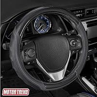 Motor Trend UltraSport Gray Carbon Fiber Steering Wheel Cover, Standard 15 inch Size, Black Faux Leather Comfort Grip, Car Steering Wheel Cover for Auto Truck Van SUV