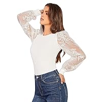 Women's Tops Floral Embroidery Mesh Lantern Sleeve Top Sexy Tops for Women