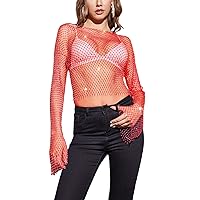 Sexy Women Mesh Sheer Pespective Crop Tops Clubwear Star Print Short Sleeve T Shirt Tee