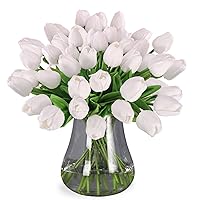 30pcs Real Touch Tulips PU Artificial Flowers, Fake Tulips Flowers for Arrangement Wedding Party Easter Spring Home Dining Room Office Decoration. (White, 14