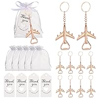 50Pcs Golden Airplane Bottle Openers with Keychain & Keyrings for Wedding Favors, Bridal Shower Return Gifts for Guests or to make flight attendant gifts for a trip，Include White Sheer Favor Bag