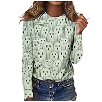 XHRBSI Fall Tshirts for Women 2023 Trendy Women's Fashion Casual Long Sleeve Halloween Print Round Neck Pullover Top Blouse