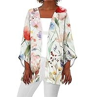 Plus Size Cardigans for Women Kimono Cardigans for Women 2024 Summer Floral Print Draped Open Front with Long Puff Sleeve Cruise Outfits Yellow X-Large
