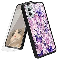 for Motorola Moto G Power 5G 2024 Case with Screen Protector, Tempered Glass Back + Soft Silicone TPU Shock Absorption Bumper Case for Moto G Power 5G 2024, Purple Butterflies Floral