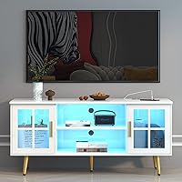 LVSOMT Modern TV Stand with Storage, Entertainment Center Cabinet for Living Room, Media Console with 24 Color Lights (Pearl White - RGB)