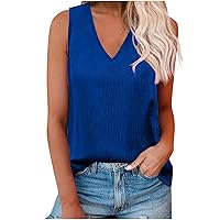 Women's Tank Tops Casual Summer V Neck Sleeveless Shirts Solid Color Flowy Tunic Loose Fit Textured Basic Beach Top
