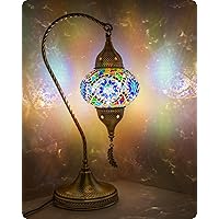 Yarra-Decor Turkish Moroccan Mosaic Table Lamp with Bronze Base - 3 Color Options Handmade Swan Neck Tiffany Mosaic Glass Bedside Lamps for Bedroom, 19