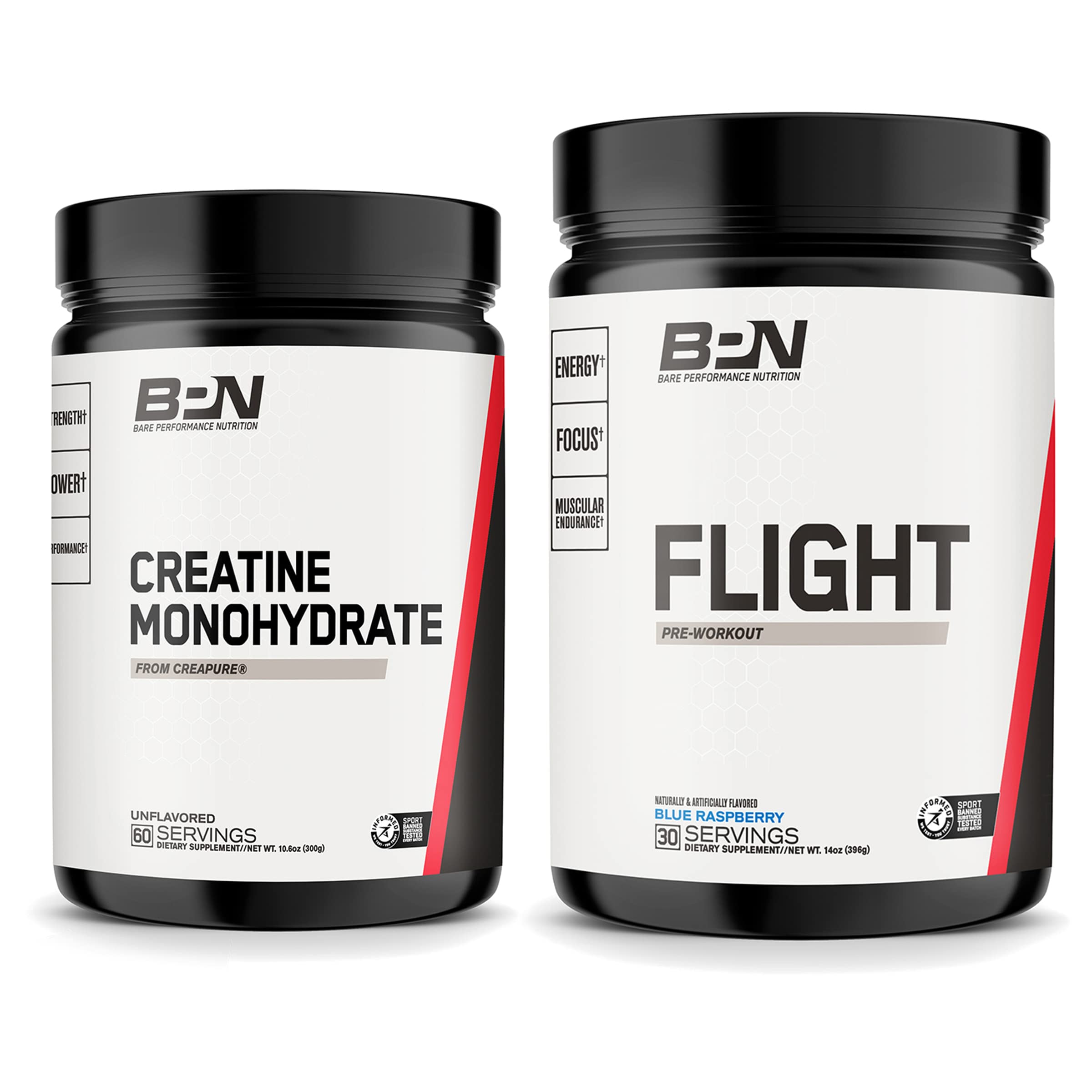 BARE PERFORMANCE NUTRITION, BPN Creatine Monohydrate (Unflavored) & Flight Pre Workout (Blue Raspberry) Bundle