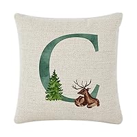 Farmhouse Cotton Linen Cushion Cover Case for Living Room Bedroom Decor Forest Deer Green Monogram Initial Alphabet Letter C Decorative Pillow Case with Zipper 16x16 Inch Funny Pillowcase