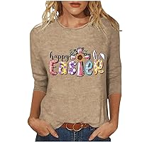 Happy Easter Shirt for Women Funny Bunny Rabbit Graphic Tee 3/4 Sleeve Crewneck Tunic Tshirt Cute Festival Blouse Ladies Gift