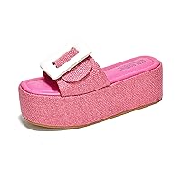 Cape Robbin Indi Platform Raffia Sandals for Women - Chunky Open Square Toe Causal Sandals - Women's Slip On Shoes with Buckle
