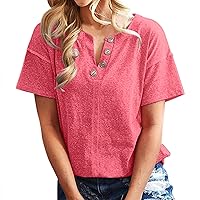 Womens Warm Tunic Tops to Wear with Leggings Ladies Loose Casual Round Neck Button Down Splicing Short Sleeve