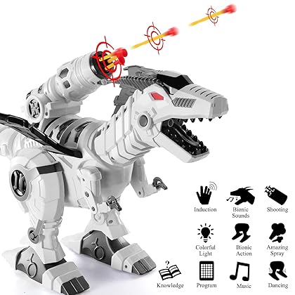 Multifunctional R/C Robotic Dinosaur with Mist Spray and Soft Bullets Shooting, Interactive Electronic Fire Breathing Dragon with Programming, Intelligent Walking T-rex Toy Gift for Kids (White)