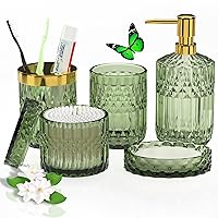 5Pcs Premium Green Bathroom Accessory Set, Modern Glass Bathroom Accessories with Lotion Soap Dispenser, Soap Dish, Toothbrush Holder, Tumbler, Cotton Swab Jars, Perfect for Bathroom Theme Gift