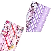 WRAPAHOLIC Wrapping Paper Roll - 3 Rolls - 17 inch X 120 inch Per roll - Pink Butterfly and Floral & Purple Floral/Polka Dot/Stripe Design