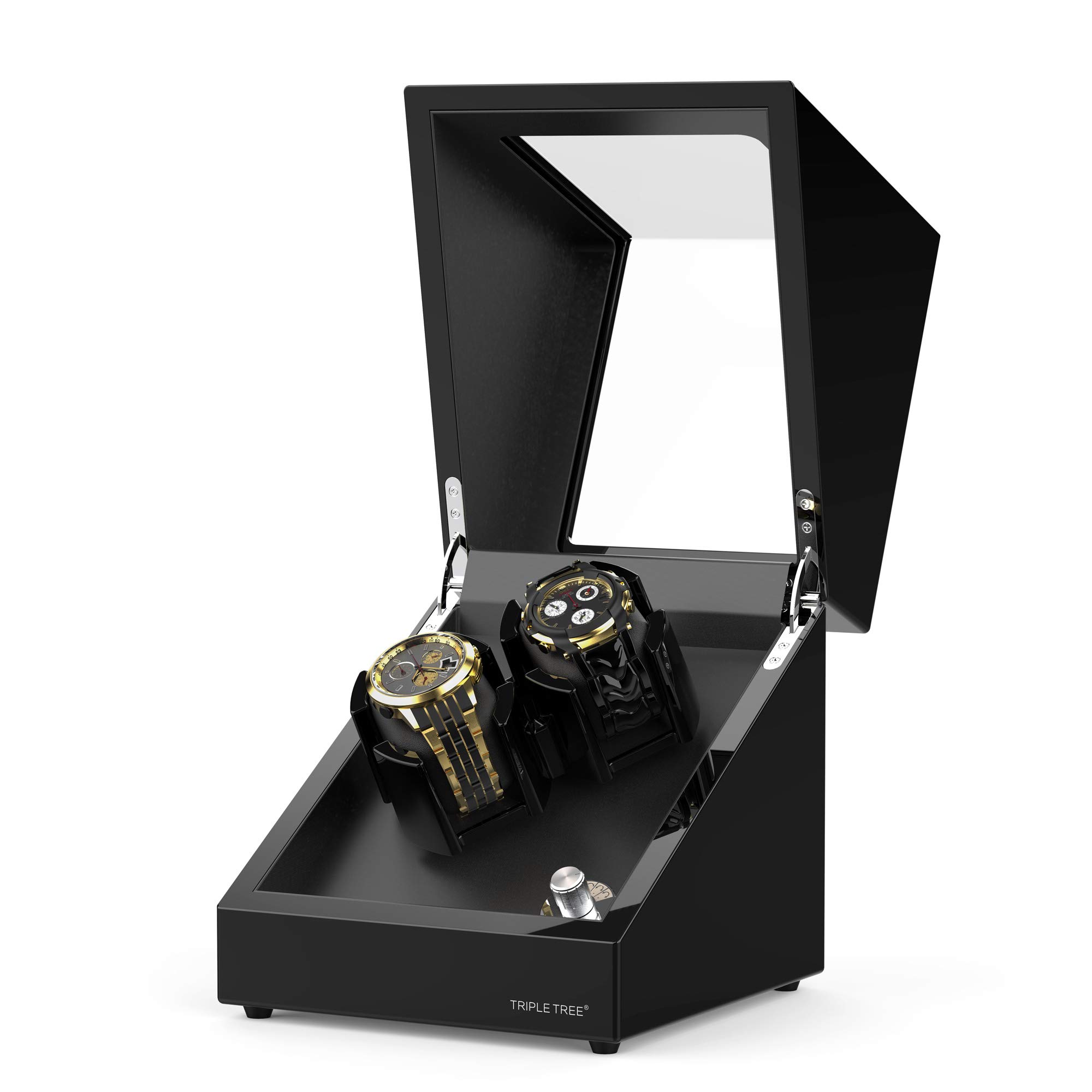 TRIPLE TREE Double Watch Winder for Automatic Watches, Automatic Watch Winder Box in Wood Shell Piano Finish, with Japanese Quiet Motor, Flexible PU-Leather Watch Pillows Hold for Women/Men's Watches