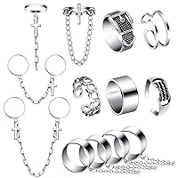 Hicarer 10 Pieces Vintage Silver Chain Finger Rings Set Punk Rings Adjustable Stackable Vintage Emo Rings for Women Men Girls