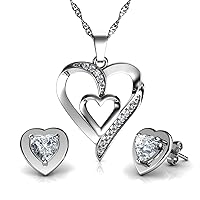 DEPHINI - White Heart Necklace - Heart Earrings SET - 925 Sterling Silver - Crystal Studs -18