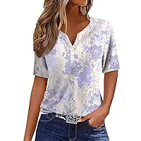Boho Tops for Women, Cute Flowers Print Graphic Tees Basic Button V Neck Blouses Plus Size Casual Tops Pullover
