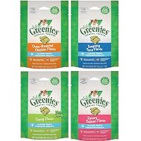 Greenies (4 Pack) Feline Dental Cat Treat Variety Bundle 4 Flavors - 2.1oz Each Bag, (1) Tempting Tuna, (1) Savory Salmon, (1) Oven Roasted Chicken, and (1) Catnip Flavor
