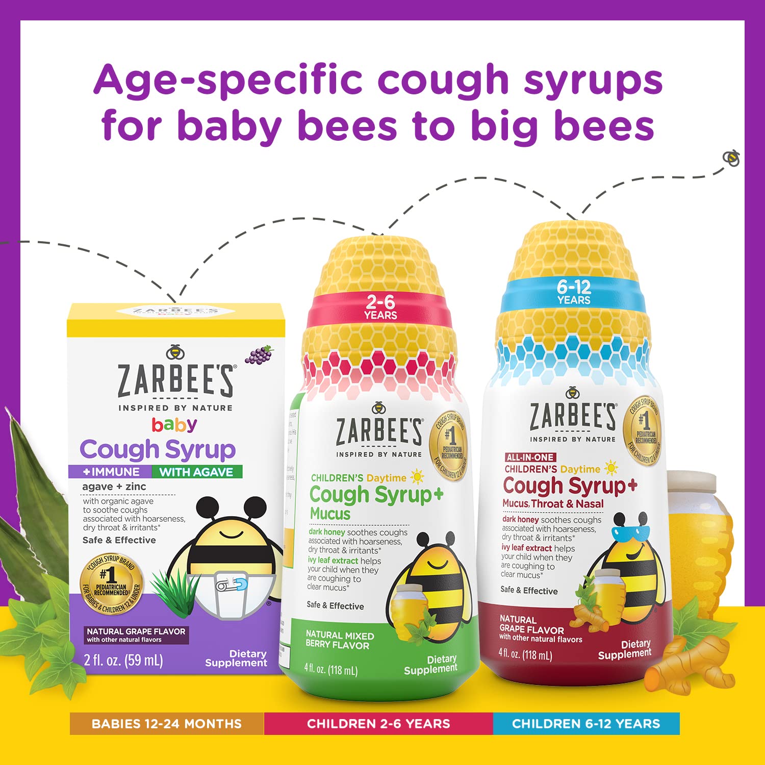 Zarbee's Kids Cough + Immune Day/Night Value Pack for Children 2-6 with Dark Honey, Vitamin D & Zinc, 1 Pediatrician Recommended, Drug & Alcohol-Free, Mixed Berry Flavor, 2x4FL Oz