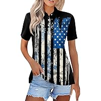 Women's Tops American Flag 4Th of July 2024 Cute Star Stripes Button Down Lapel Neck Short Sleeve Polo Shirts Blouse