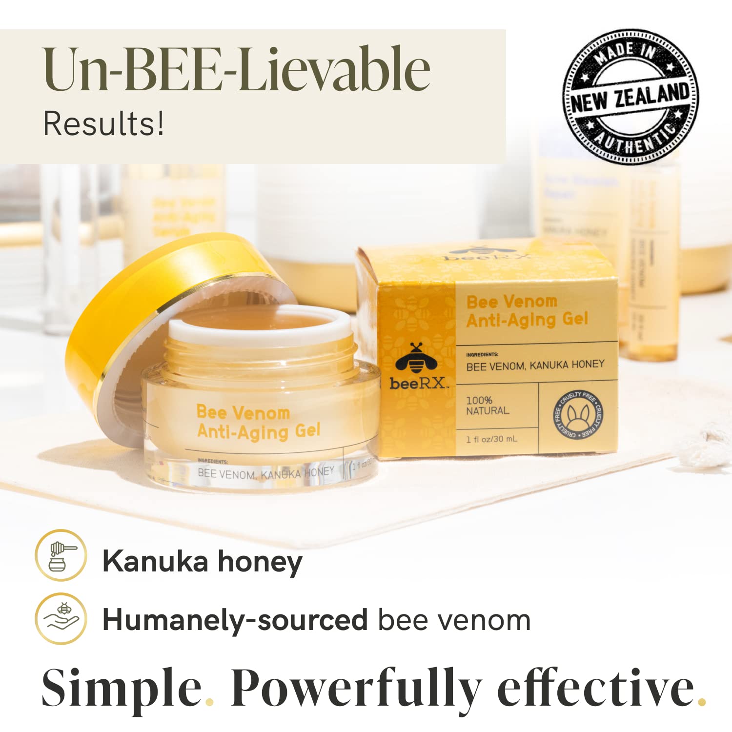 Bee Rx Anti-Aging Bee Venom Facial Gel Moisturizer - Anti-Wrinkle Cream Firming Face Cream - Natural Kanuka Honey Skin Care Products