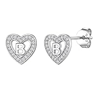 Suplight 925 Sterling Silver Initial Heart Earrings, Dainty Cubic Zirconia Letter Stud Earrings for Women Girls (with Gift Box)