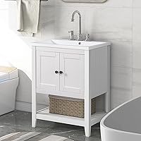 24'' White Bathroom Sink Cabinet,Rustic Wood Single Vanity with Sink for Powder Room Bathroom,Small Modern Bath Vanity para Baño (Without Faucet) 24 x 18 x 33.6 inches
