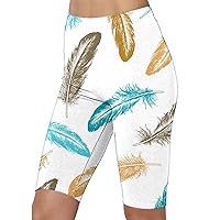 Feather Print Bermuda Yoga Shorts Women Summer Fashion Workout Gym Legging Shorts High Waist Knee Length Shorts